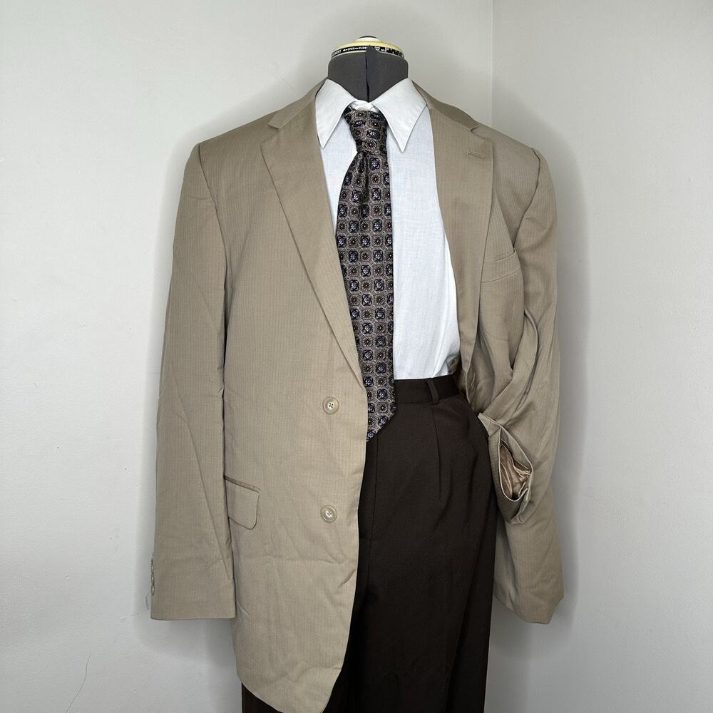 Mens 41R Blazer Beige Striped Wool 2 Button Large Sport Coat Suit Jacket Fezza
